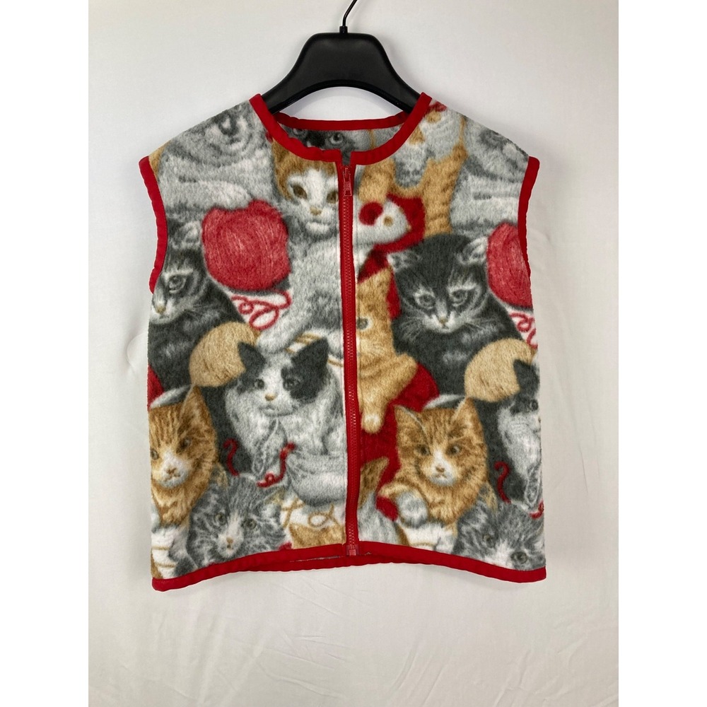 Handmade Fleece Cat Vest Zip Front Kittens Yarn Red Trim Youth XL Women's XXS